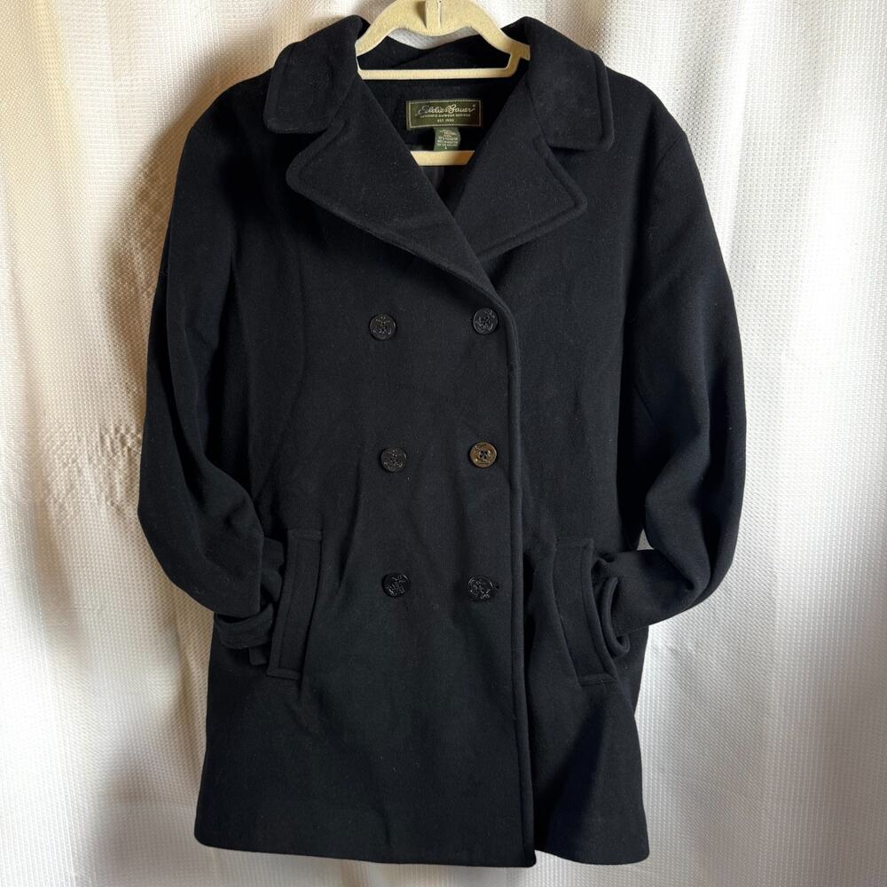Vintage Eddie Bauer Wool Pea Coat Womens Black Sz L Double Breasted EUC